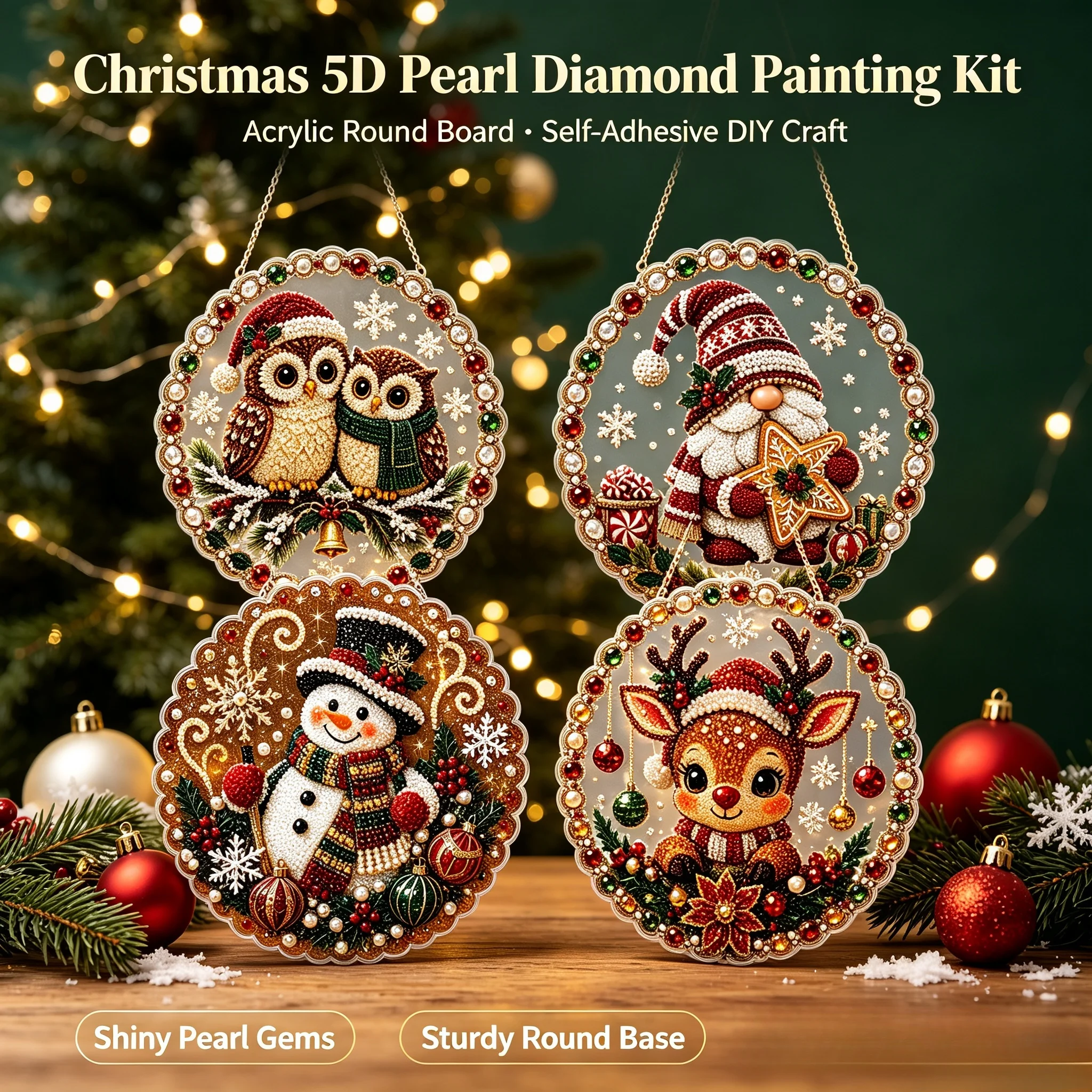 Acrylic Round Board Christmas Pearl Diamond Painting Kit DIY Craft Material Set Handmade Art Decor for Home Christmas Ornament