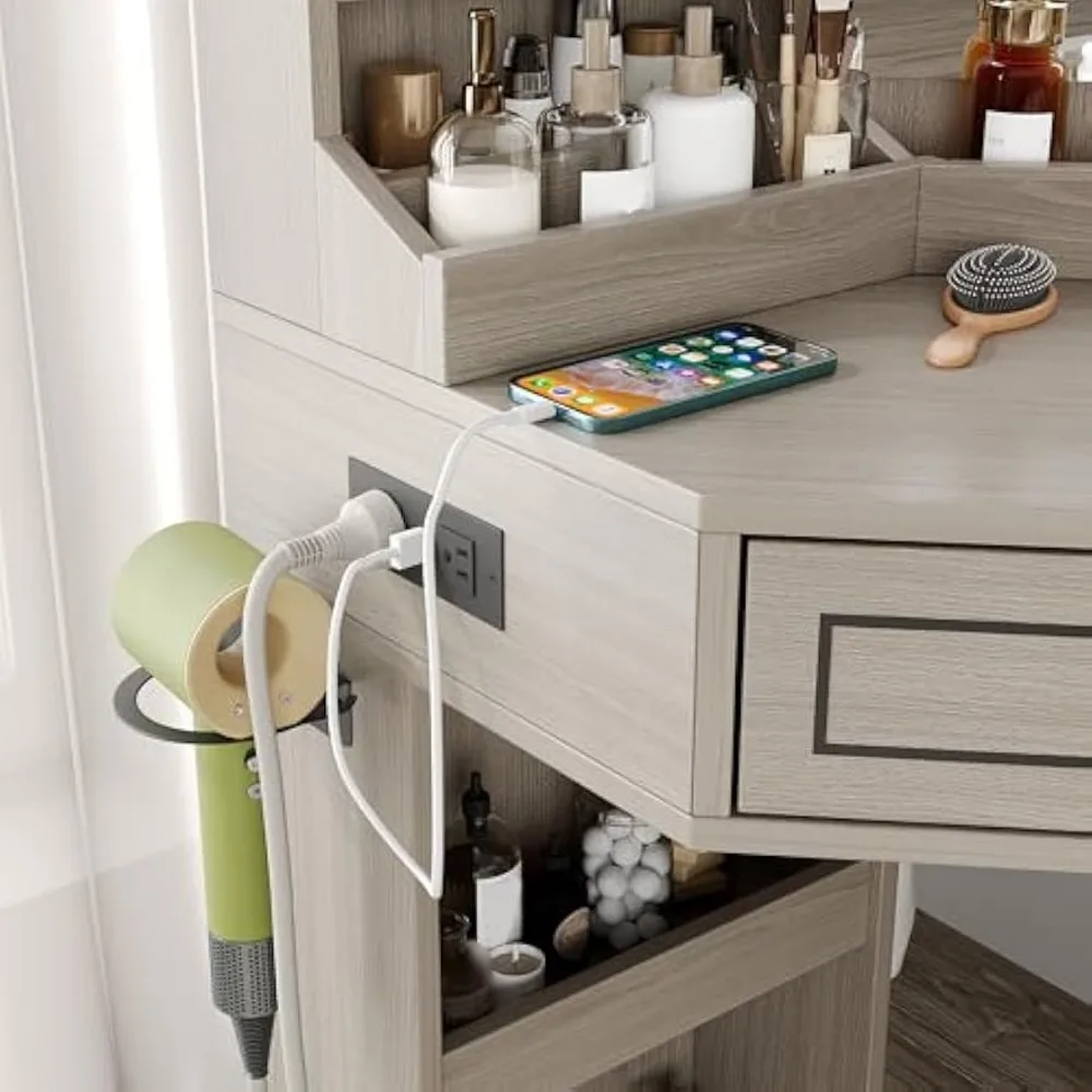 Meja Rias Rias, Meja Rias Sudut dengan Cermin LED HD, Banyak Rak Penyimpanan, 2 Laci & Lemari, Meja Rias dengan Stat Pengisian Daya