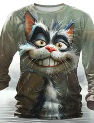 Funny animal design retro men 3D printing street casual daily gray longsleeved round neck shirt spring and autumn clothing