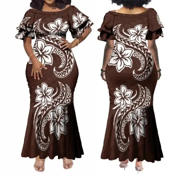 Vestido tribal branco samoano para mulheres, vestidos de sereia midi em camadas, presente do dia das mães, elegante vestido francês babado da senhora