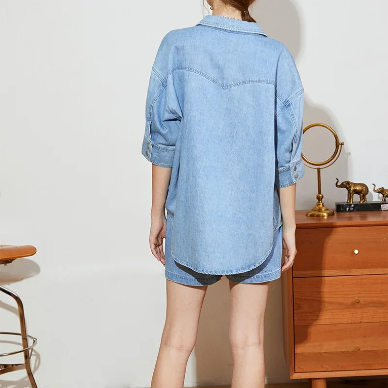 Niche Design Cotton Denim Suit Loose Profile Top Shorts Women's Suit