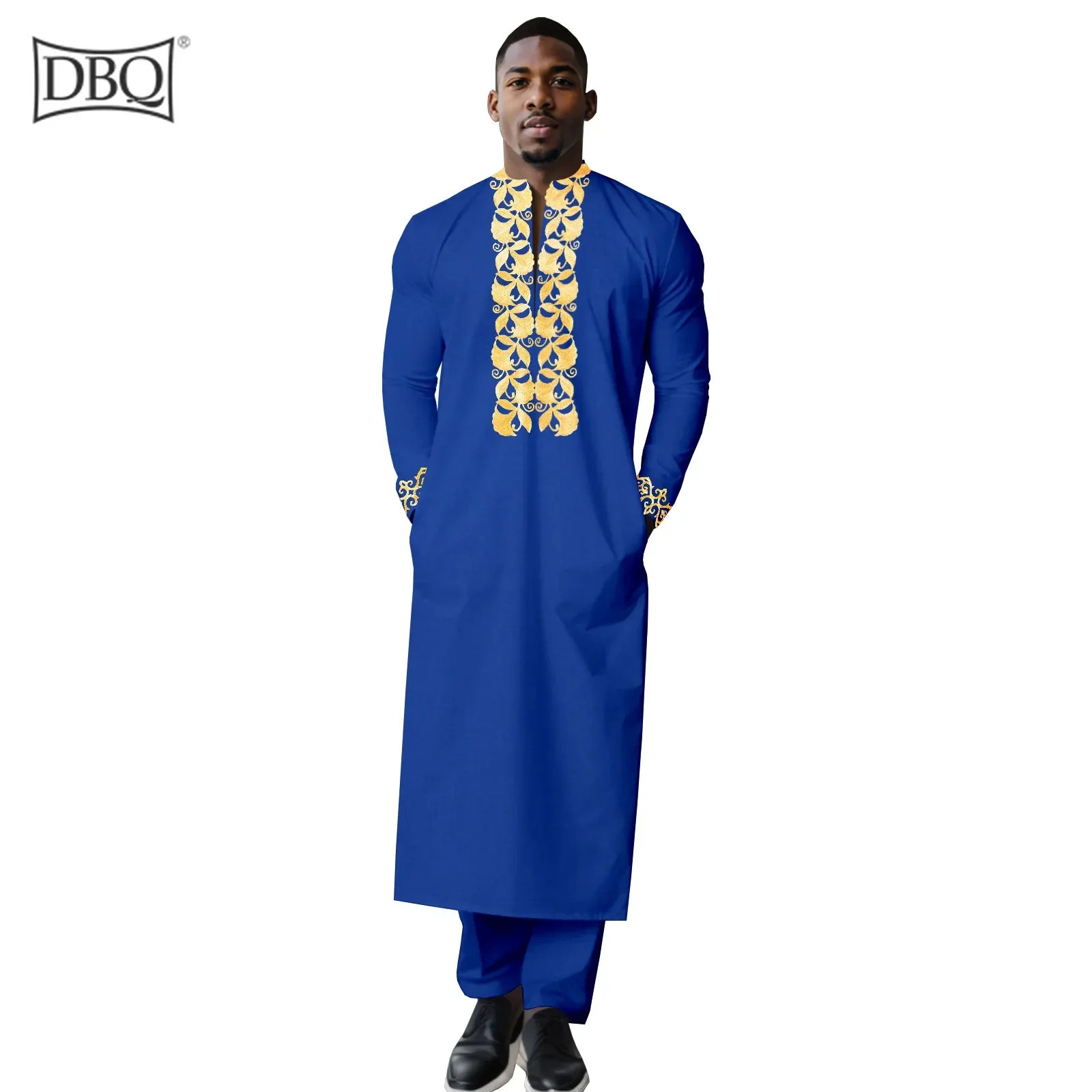 DBQ Pria Dashiki Afrika Lengan Panjang Kemeja dan Celana Kancing Cetak Emas Tradisional Set Pakaian Etnik Budaya