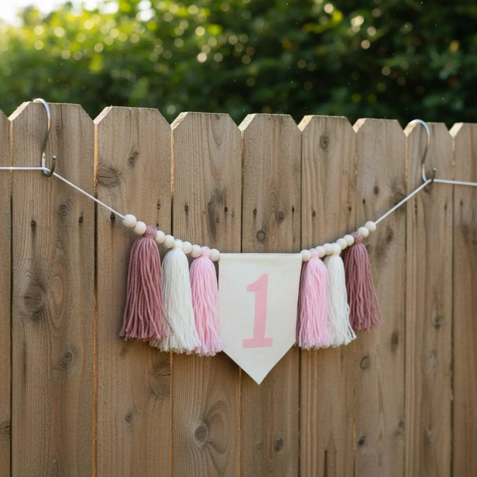 Children Celebration Flag with Wooden Beads and Tassels Handmade High Chair Banner for First Birthday Party Decoration