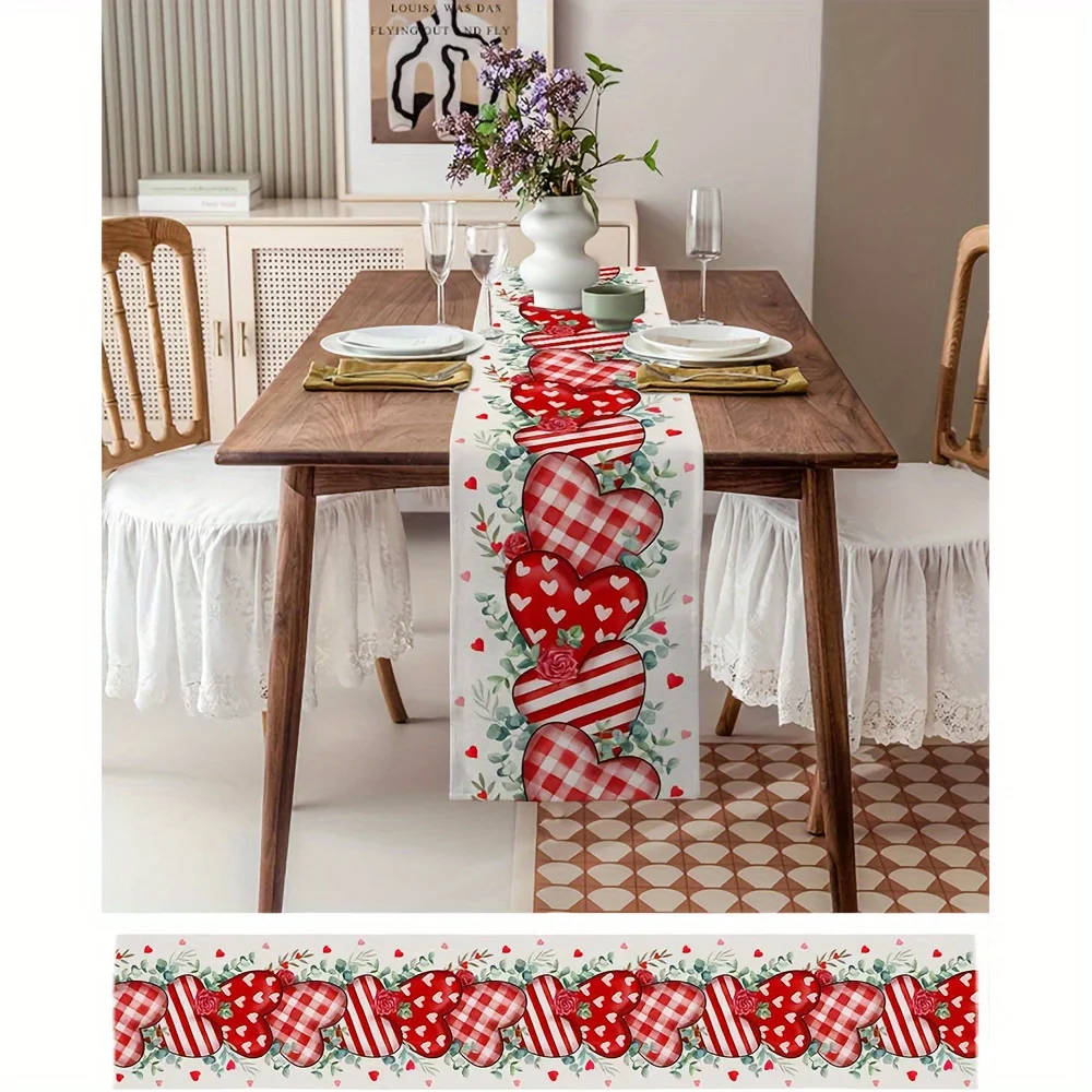 Valentine's Day Love Heart Eucalyptus Leaves Linen Table Runner Wedding Party Decor Valentine Theme Striped Plaid Table Runners