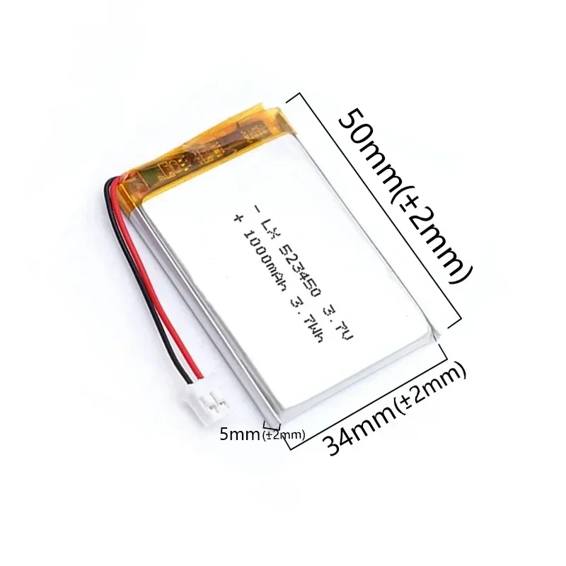 523450/503450 1000mAh 3.7V Polymer Lithium Rechargeable Battery Li-ion Battery JST PH2.0 2pin For GPS Smart Phone DVD MP5