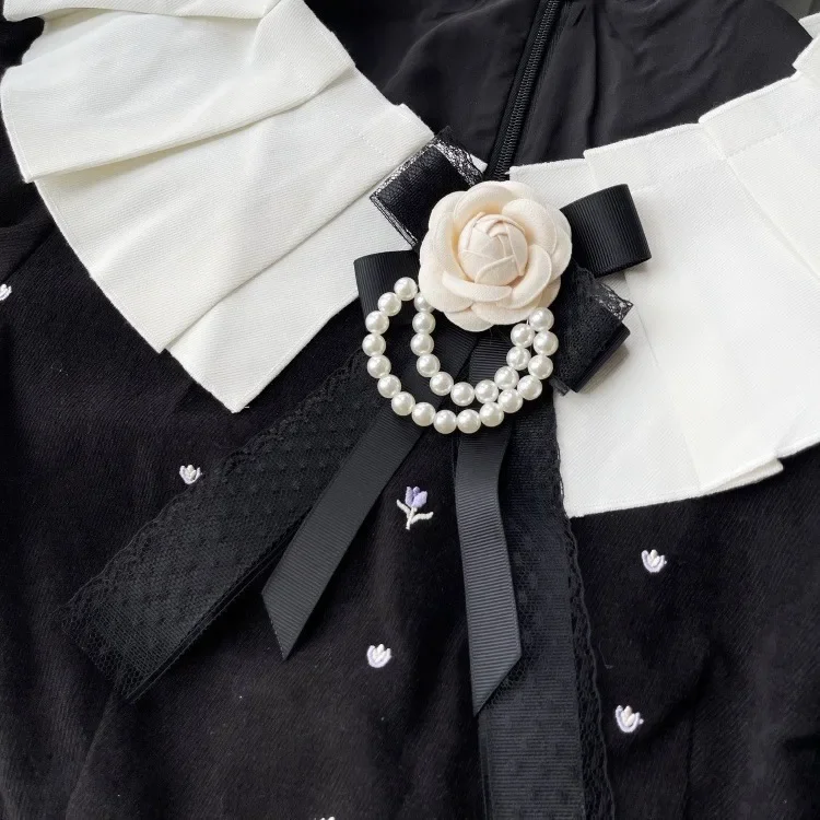 Women\'s Bow Tie Brooch White Camellia Pearl Chain Lace Ribbon Handmade Jewelry Korean College Style Suit Shirt Collar Flowers