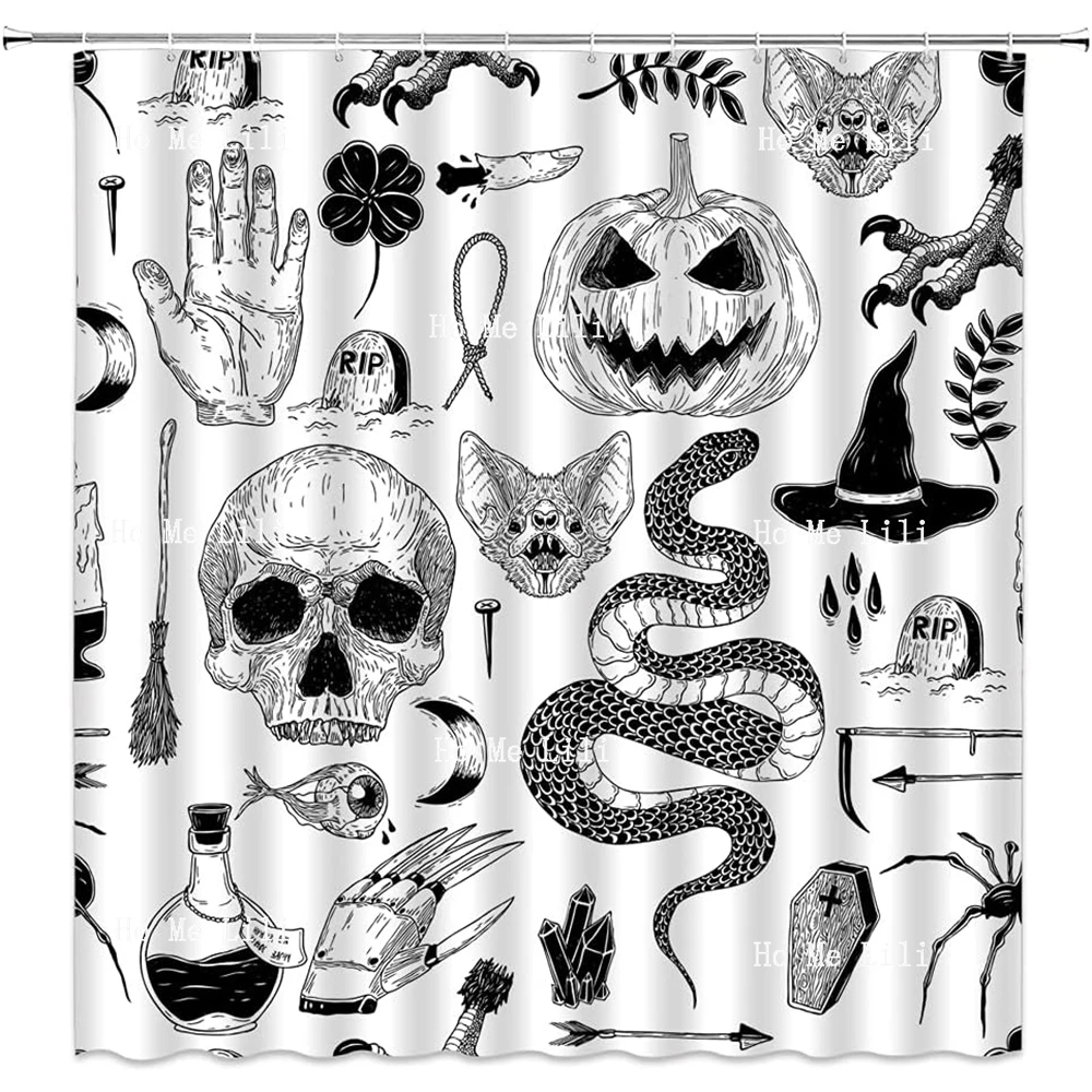 Halloween Spooky Black Alchemy Magic World Witch Pumpkin Witchcraft Horror Skull Spooky Ghosts Boho Shower Curtain