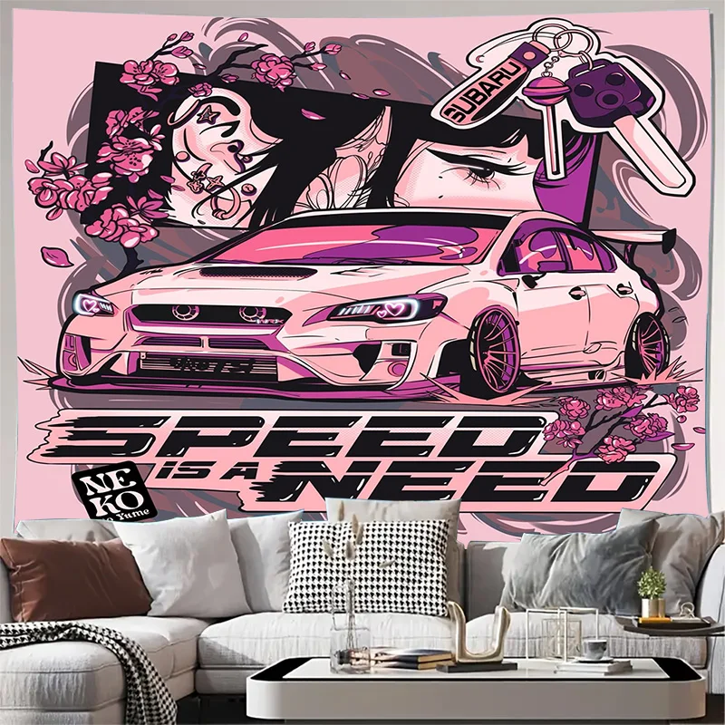 Pink Car Speed Is A Need Anime Girl Wall Tapestry Machine Washable All Season Print Racing Auto Design Home Elevate Your Space