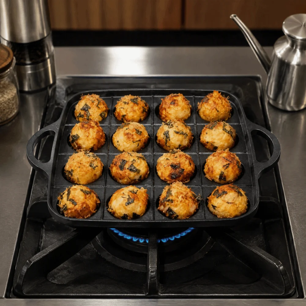 Durable Black Takoyaki Pan Nonstick Cast Aluminum 16-Hole Cooking Pan Dual Handle Takoyaki Grill Pan Homemade Japanese Snacks