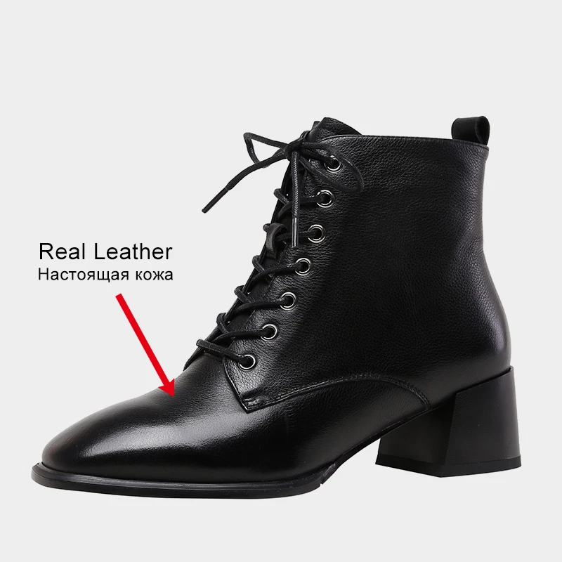 JOZHAMTA Size 33-40 Women Real Leather Shoes For Women Ankle Boots High Heels Shoes Fashion Platform Lace Up Zipper Short Boots