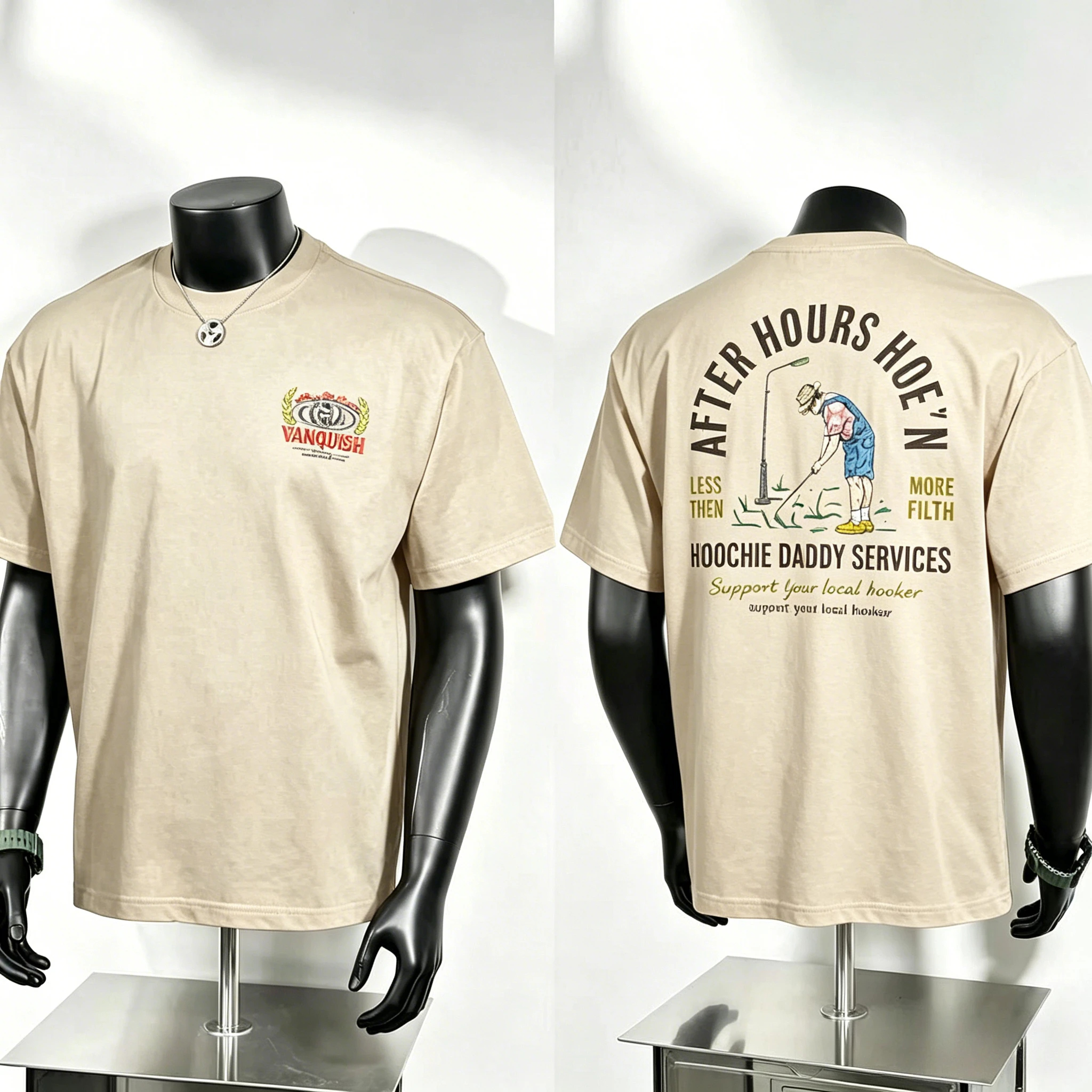 After Hours Hoe’n Graphic T Shirt, Mini Vanquish Laurel Chest Badge and Large Night Gardener Cartoon Figure Back Print