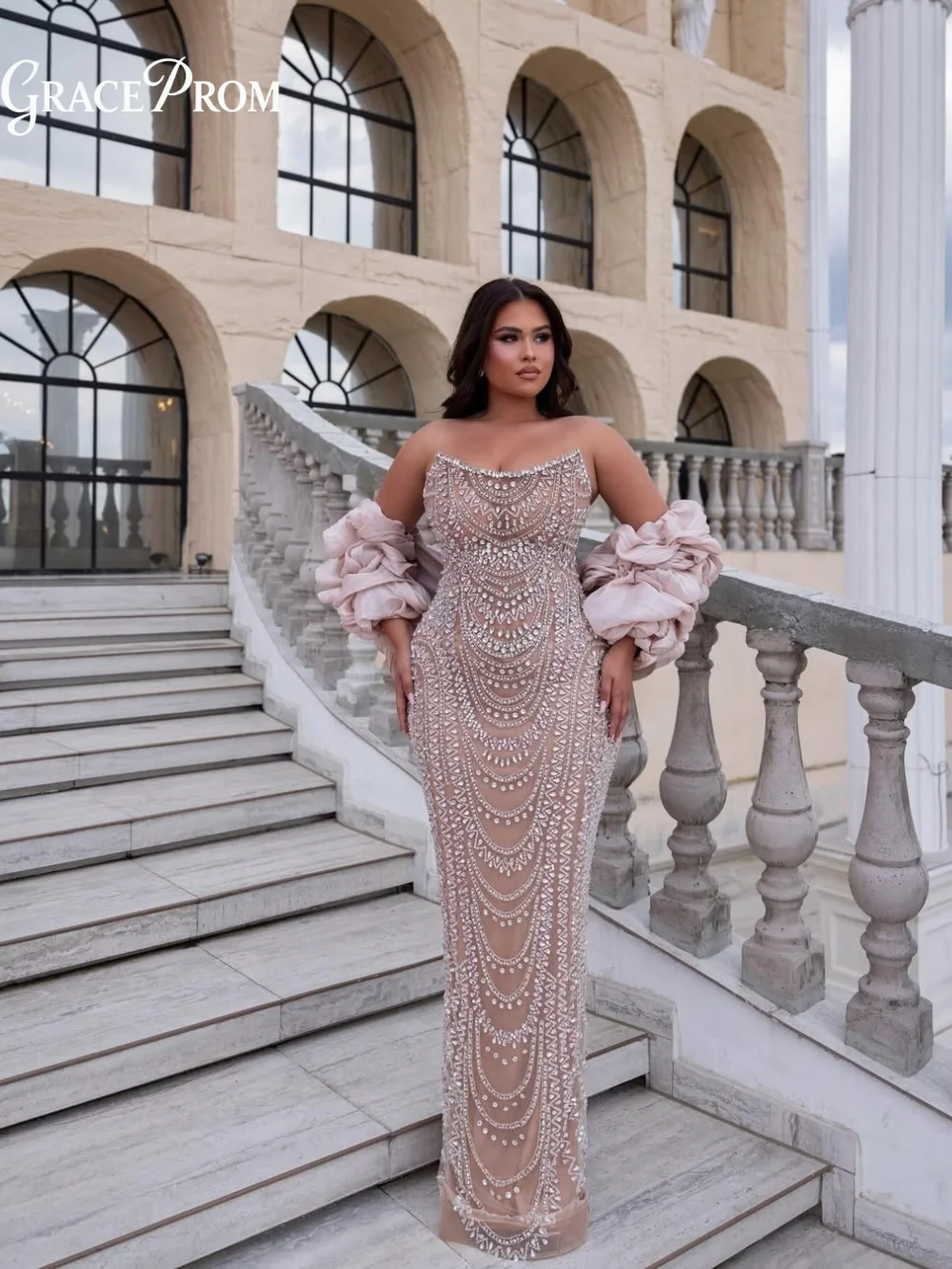 

Exquisite Nude Long Dress Strapless Beading Pink Organza Puff Sleeves Party Dress Evening Gown For Wedding Guests فساتين سهرة