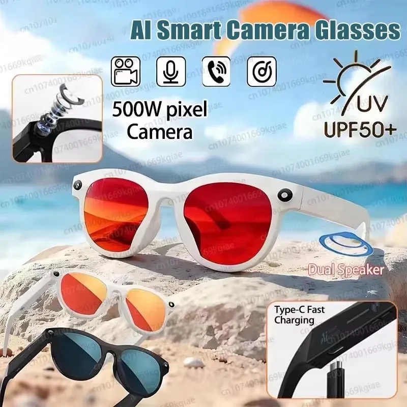 Nowe inteligentne okulary Pixel 500W z funkcją rozpoznawania obrazu przez AI, fotografowaniem, nagrywaniem wideo, połączeniami Bluetooth, odtwarzaniem muzyki i aktywacją głosową.