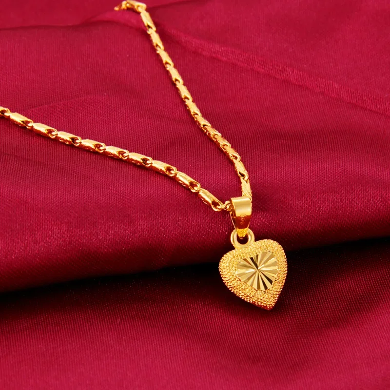 Copy 100% Gold 24K 999 Necklace Non-Fading Clavicle Chain Women Love Heart Pendant Necklace Gold Wedding Fine Jewelry Gift