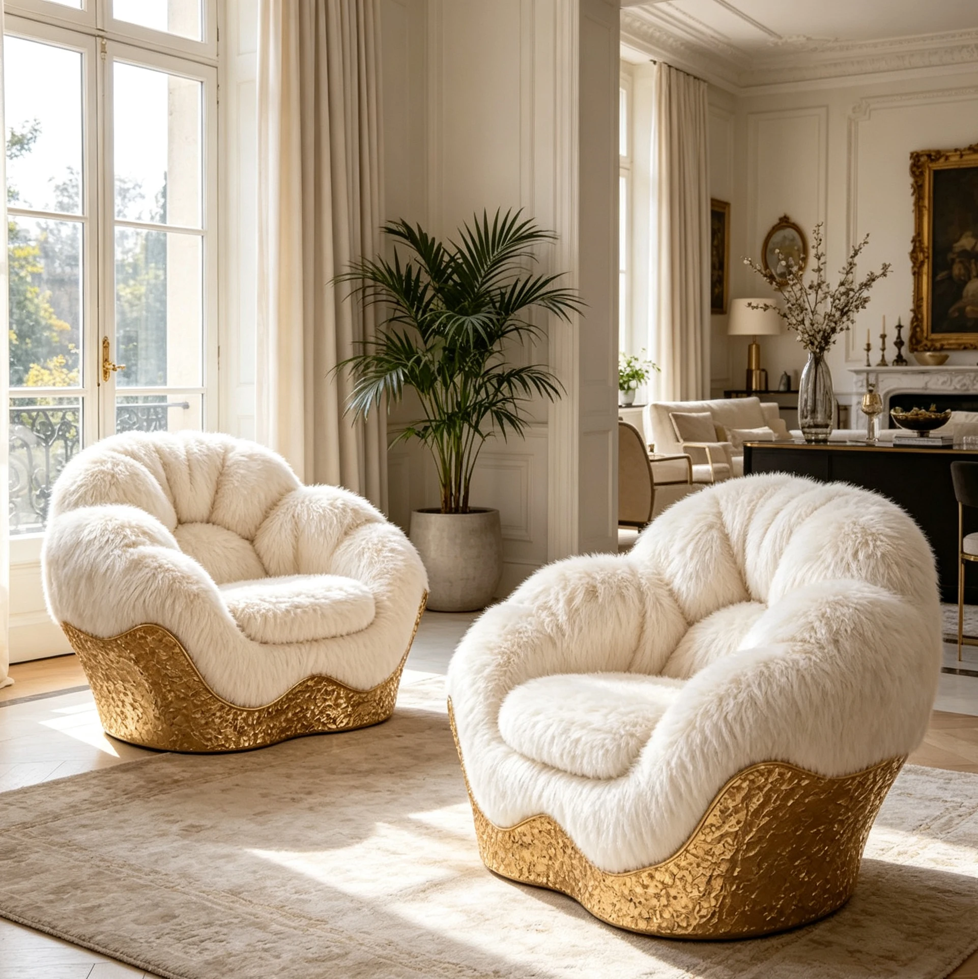 Luxury fluffy cloud decorative chair, irregular gold fiberglass base, curved single rest chair, living room designer