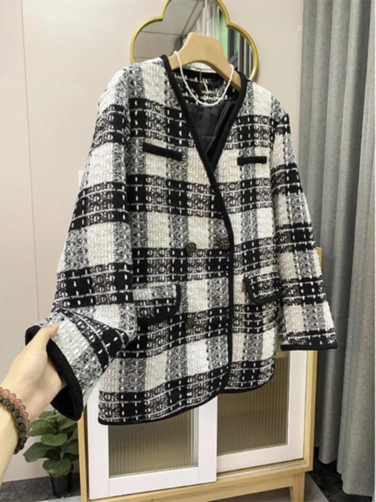 

Элегантное зимнее клетчатое пальто, свободная модная куртка, темпераментное теплое пальто