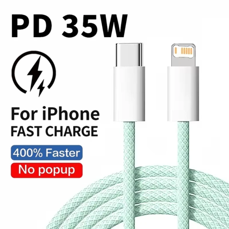 Cable PD 35W Carga Rápida para iPhone 13 14 Pro Max 11 12 mini X XR XS Max 7 8 Plus USB-C Datos Trenzado 1m 2m 6