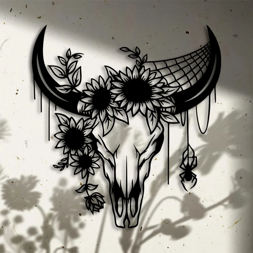 CIFBUY Western Bull Head Floral Iron Wall Art Rustproof Hanging Plaque Home Decor Ornament Accent Stylish Sculpture