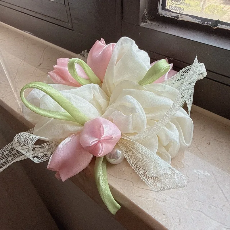 

Розовая резинка для волос с кружевом в виде тюльпана, милая лента для волос, элегантные женские аксессуары для прически-пучка