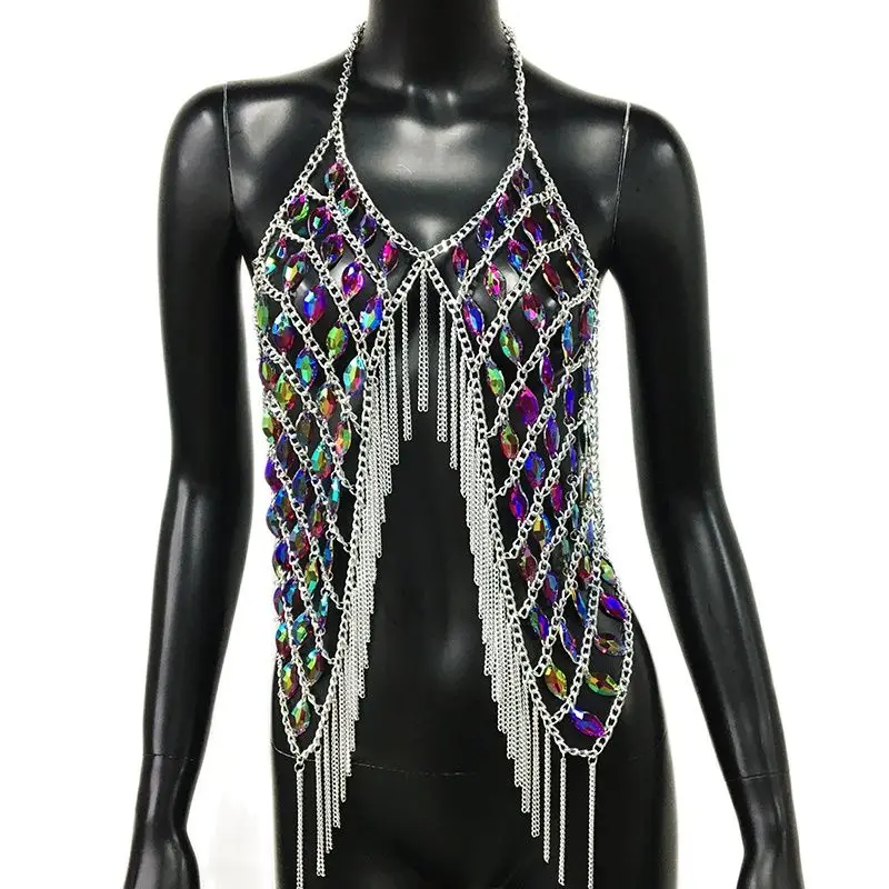 เสื้อกล้ามประดับเลื่อมลายหยดน้ำประดับเลื่อมสำหรับผู้หญิงเสื้อครอปปาร์ตี้กลางคืนประดับพู่เว้าหลังมีพู่
