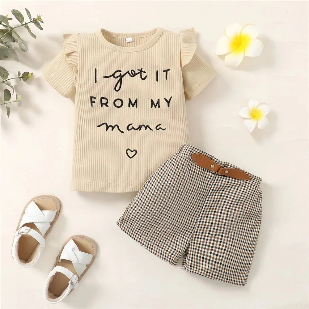 2PCS Toddler Baby Girl Clothes Set Letter Print Short Sleeve Top+Checkered Shorts Fashion Casual Outfit for Kids Girl 1-6 Years