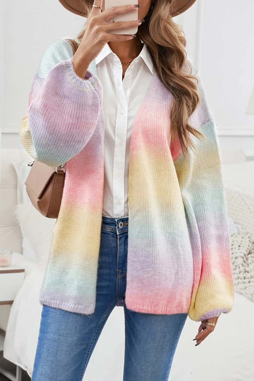 Women's Tie Dye Rainbow  Gradient Knit Cardigan Oversized Lantern Sleeve V Neck Loose Spring Casual Sweater Coat