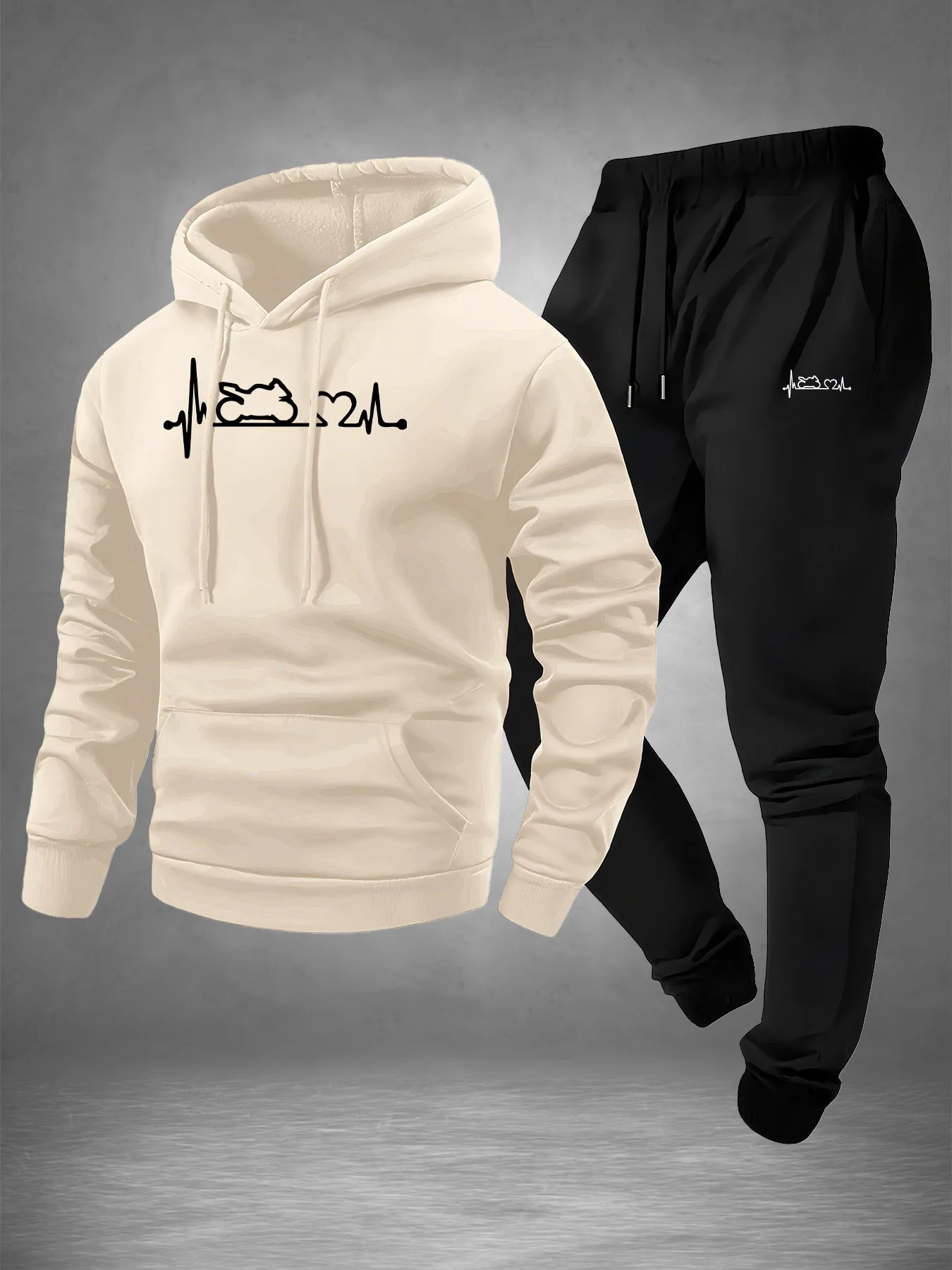 Men 2‑Piece Motorcycle Heartbeat Line Print Tracksuit ECG Graphic Hoodie Sweatpants Set Polyester Warm Jogging Suit With - view 5