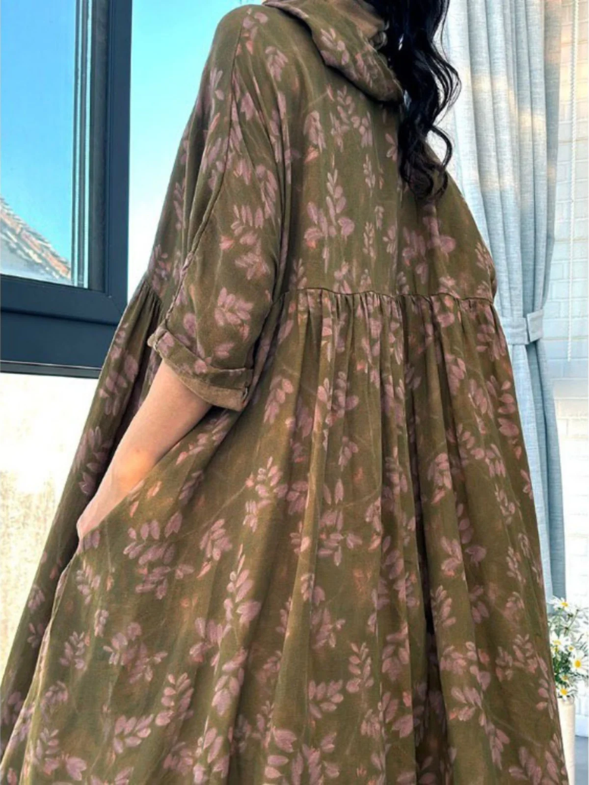 

Винтажное платье А-силуэта с крупным принтом, завышенной талией, длинными рукавами, капюшоном, повседневное, из полиэстера, длиной три четверти