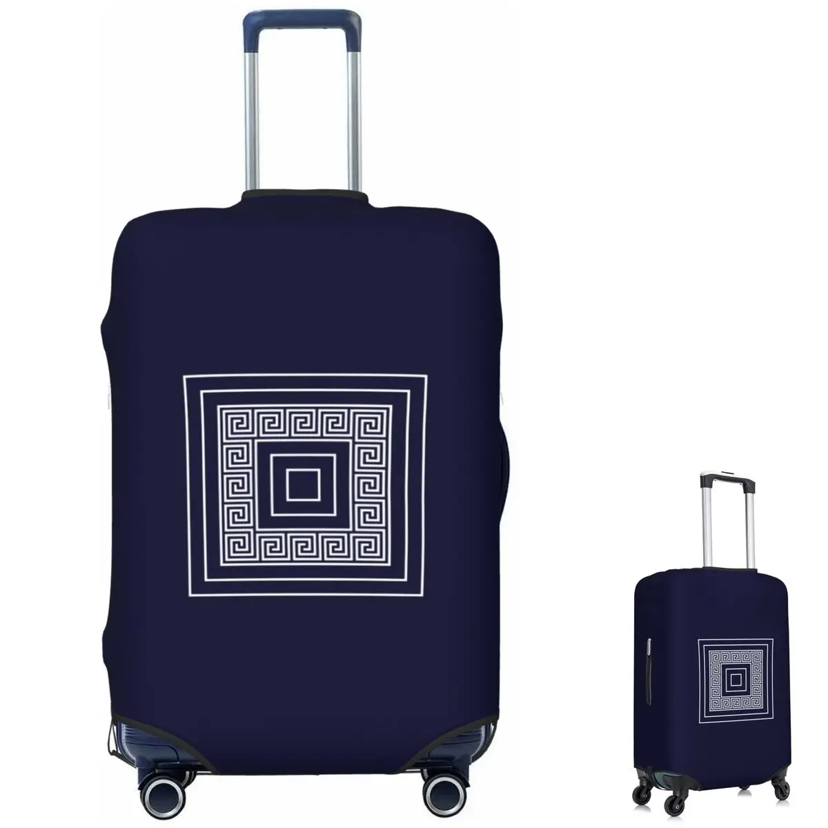 Navy Blue Greek Key Meander Framed Squares Suitcase Cover Protection Elastic Travel Luggage Protector Covers for 18-32 Inch