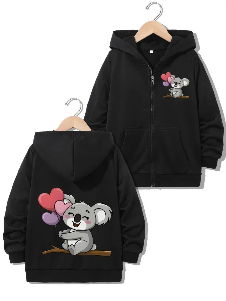 Light Gray Full Zip Hooded Coat For Girls Lovely Cartoon Koala Holding Colorful Heart Balloons Graphic Soft Daily Kids Outerwear