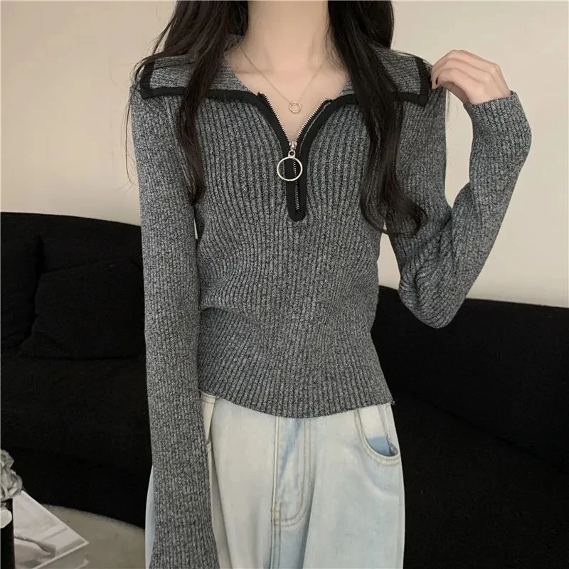 Hdspq Lapel Jersey Knitwear Jumper Women Autumn Winter High Quality Thicken Pullover Femme Vintage Simple Lined Warm Sweaters