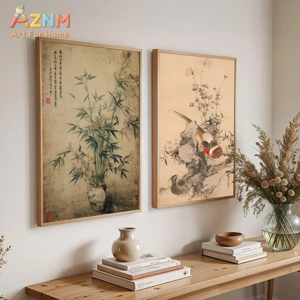 AZNM Chinese Vintage Birds Flowers Canvas Print, Frameless Traditional Oriental Ink Art Wall Poster, Retro Asian Botanical Anima