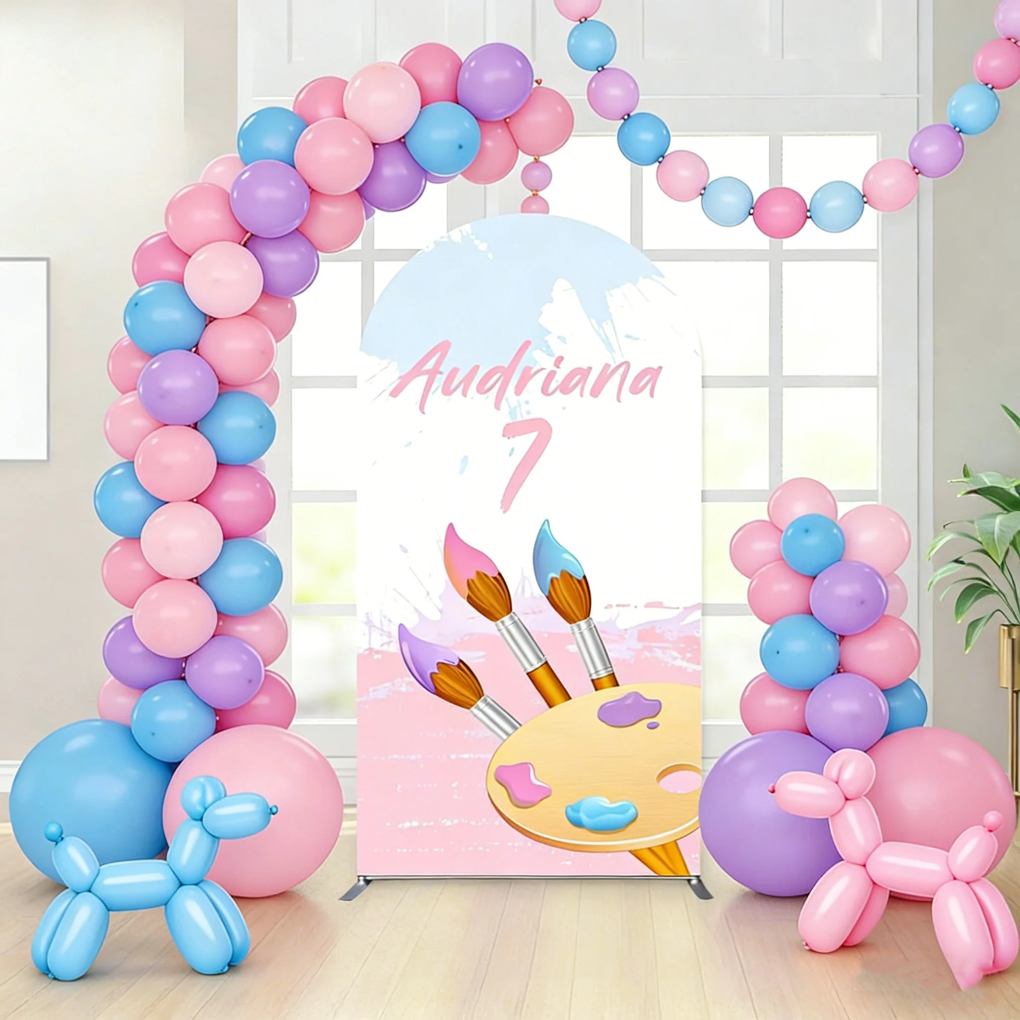 2-sided Paint Party Background Decorations Brush Palette Drawing Kids Happy Birthday Backdrop Custom Text Name Arch Cover Props