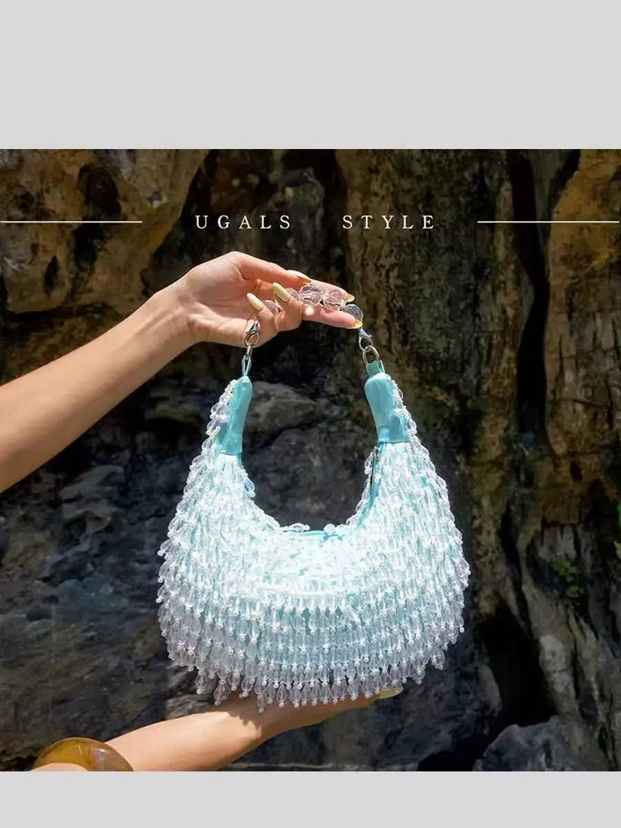

High Quality Beads Beading Tassel Hobo Bag Luxury Beads Beaded Handmade Clutch Purse Women Fashion Handbag Female Shoulder Bag