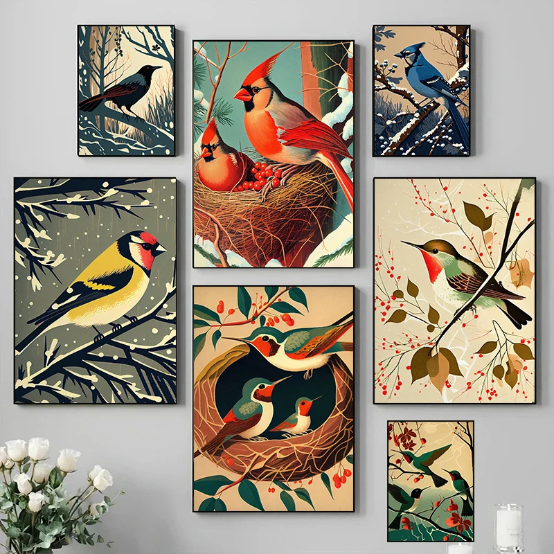 Bird Animal Vintage Poster Crow Goldfinch and Tree Prints Canvas Painting Retro Art Wall Pictures for Living Room Home Decor