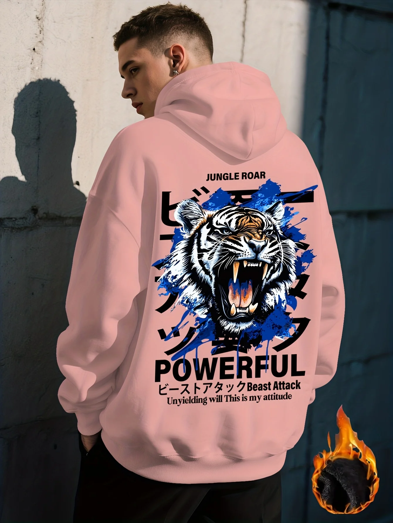 Wild Tiger Street Graffiti Style Print Men Hooded Sweatshirt Autumn and Winter Daily Outdoor Sports Loose All Build Leisure Warm