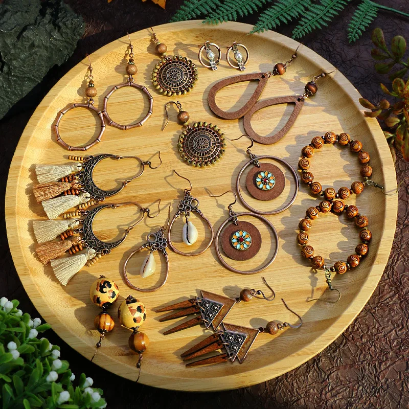 Ethnic Bohemian Vintage Wooden Beaded Dangle Earrings For Women Geometric Hoop Tassel Antique Gold Color Earrings Pendientes view 2