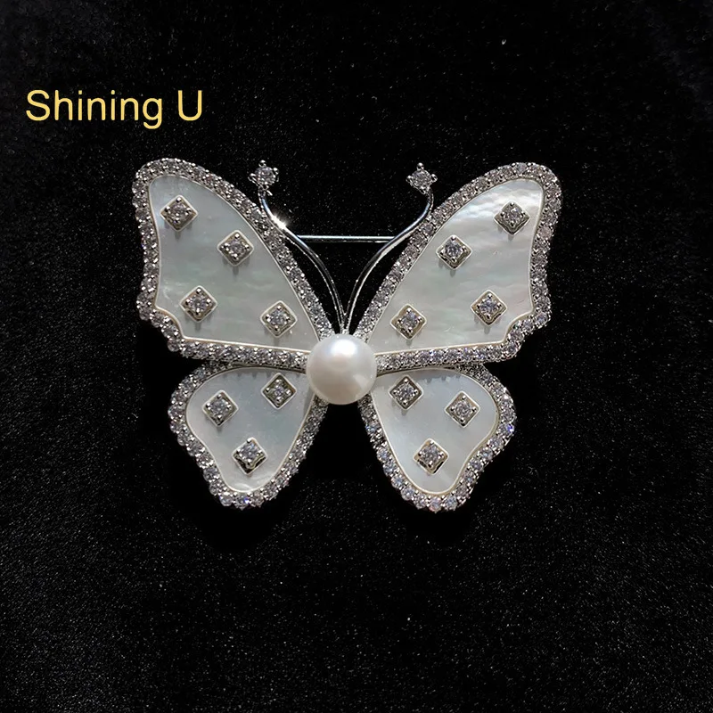 

Shining U Shell Freshwater Pearl Butterfly Brooch for Women Men Fashion Accessory Gift