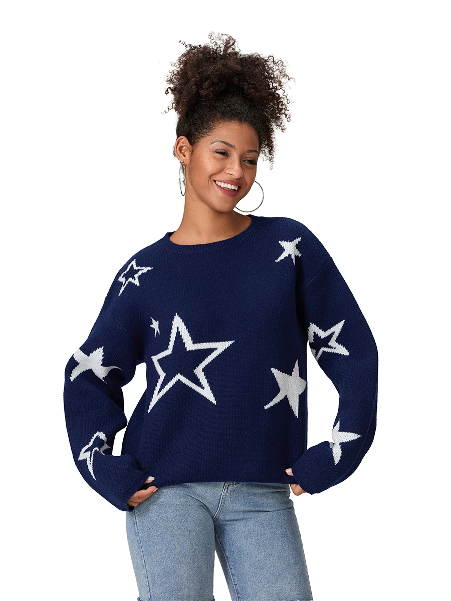 Women s Autumn Winter Knit Sweater Long Sleeve Crewneck Star Print Loose Knitwear