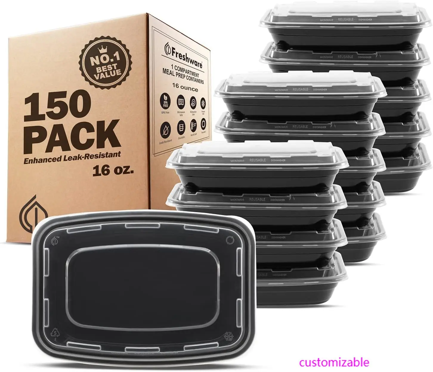 

Meal Prep Containers 1 Compartment Food Storage Containers with Lids, Bento Box, BPA Free, Stackable, (16 oz)