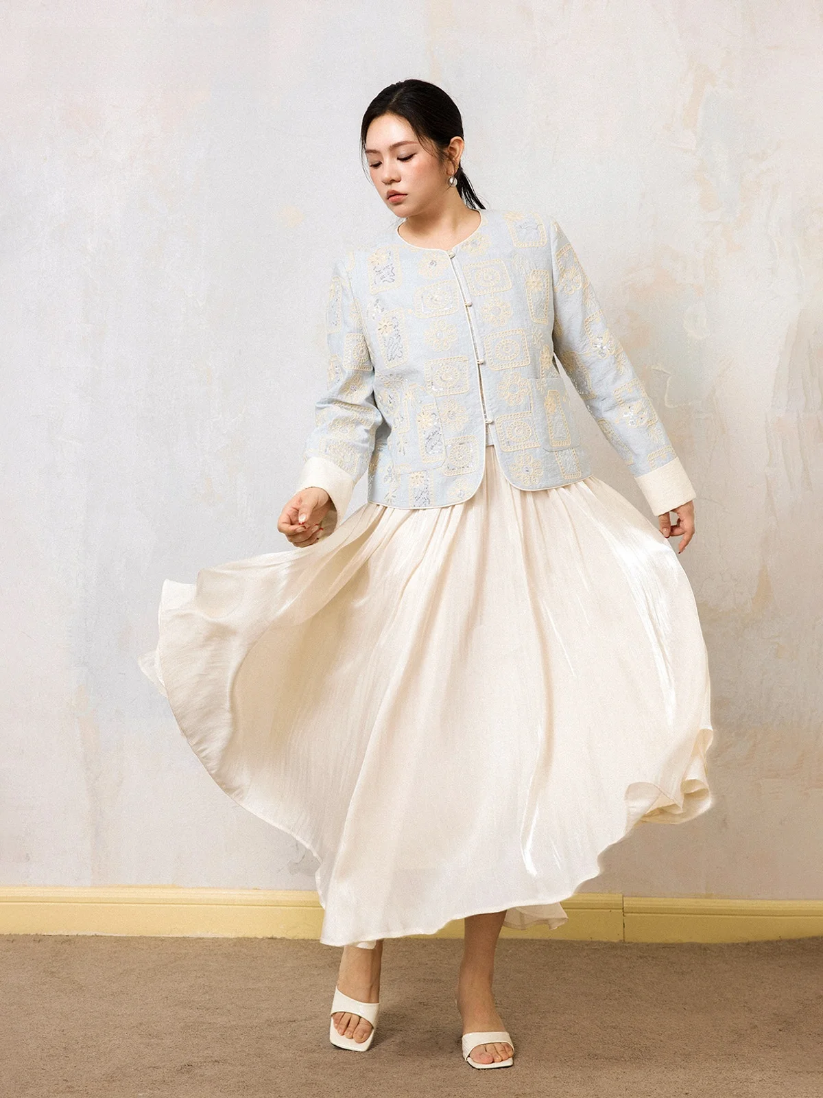 

Plusmall Lazhite, новая китайская верхняя одежда, атласная длинная юбка с блестками, комплект с юбкой на половину тела, весеннее новое поступление, женская мода