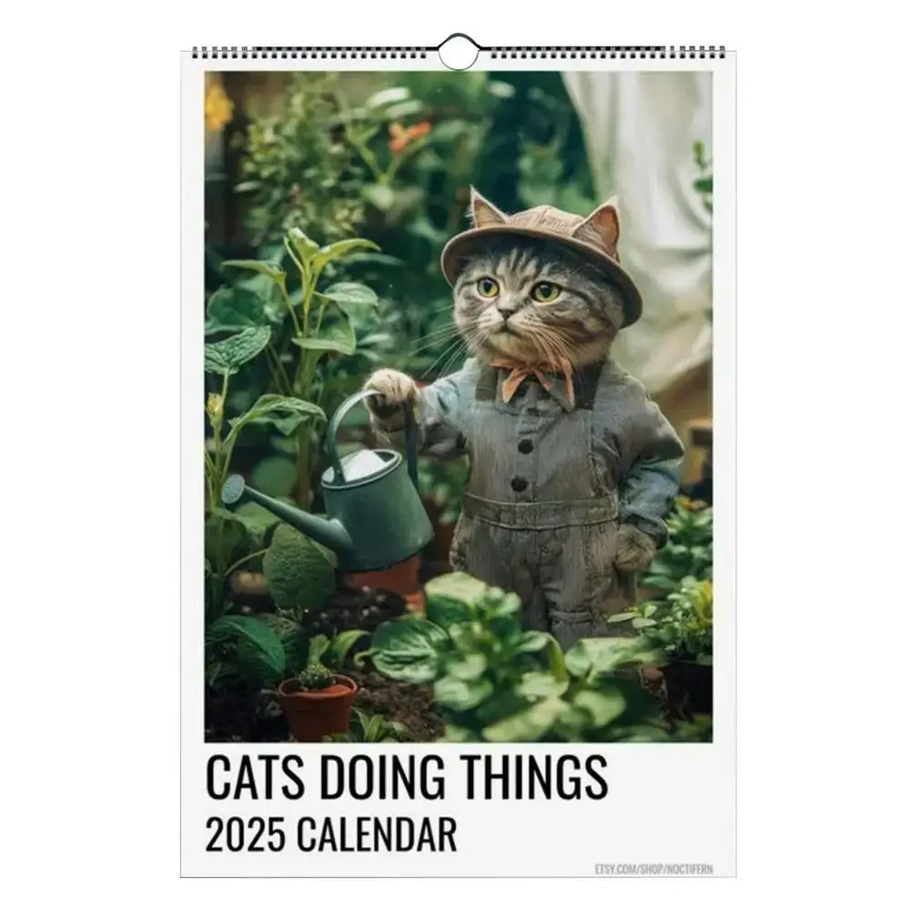 Thick Paper 2025 Calendar Monthly Planner Calendar Cat Illustration Wall Calendar Cat Imitating Human Movements Desktop Calendar