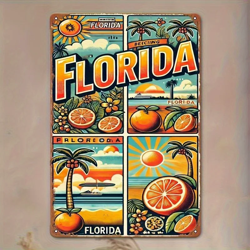Vintage Florida-Themed Tin Wall Sign -  Retro Metal Art with Trees, Citrus Fruits & Beach Scene - Durable Iron Decor for Kitchen