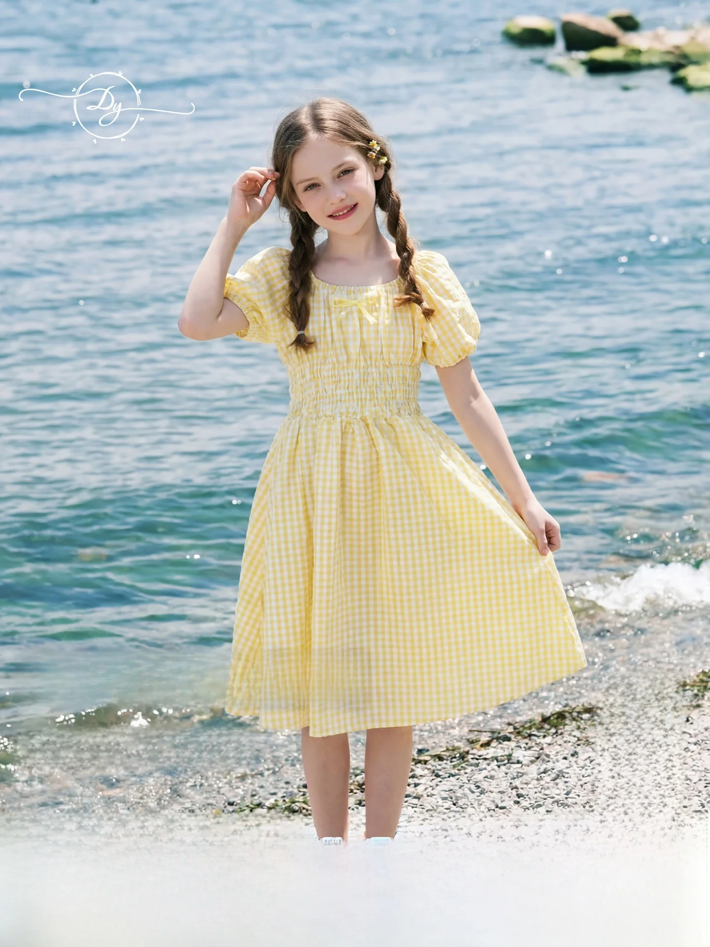 girls-bubble-sleeve-dress-summer-new-checkered-waist-cinched-breathable-country-style-princesse-skirt-cotton-short-sleeve-mid