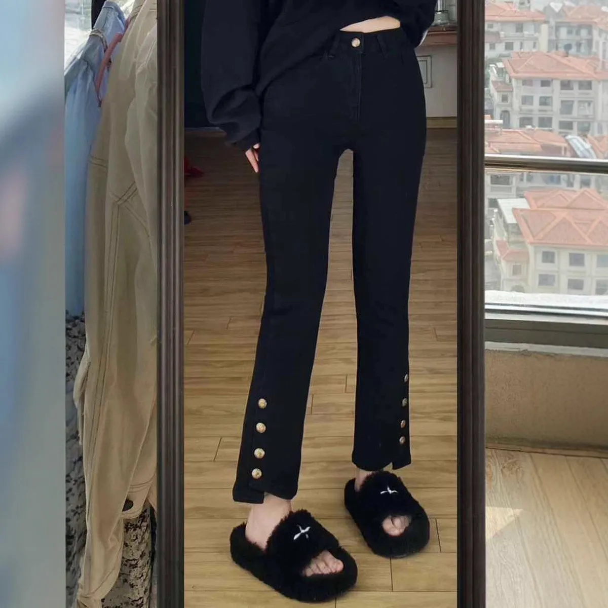 High Waist Straight Leg Black Denim Jeans Women's Early Autumn Slimming Elastic Split Micro Flared Pants Casual Style Cotton ...