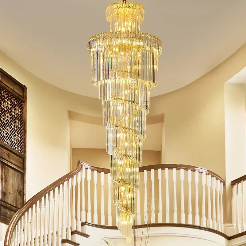 

2024 Long Staircase Crystal Hanging Chandelier Modern Loft LED Ceiling Pendant Lamps Villa Living Room Home-appliance Decoration