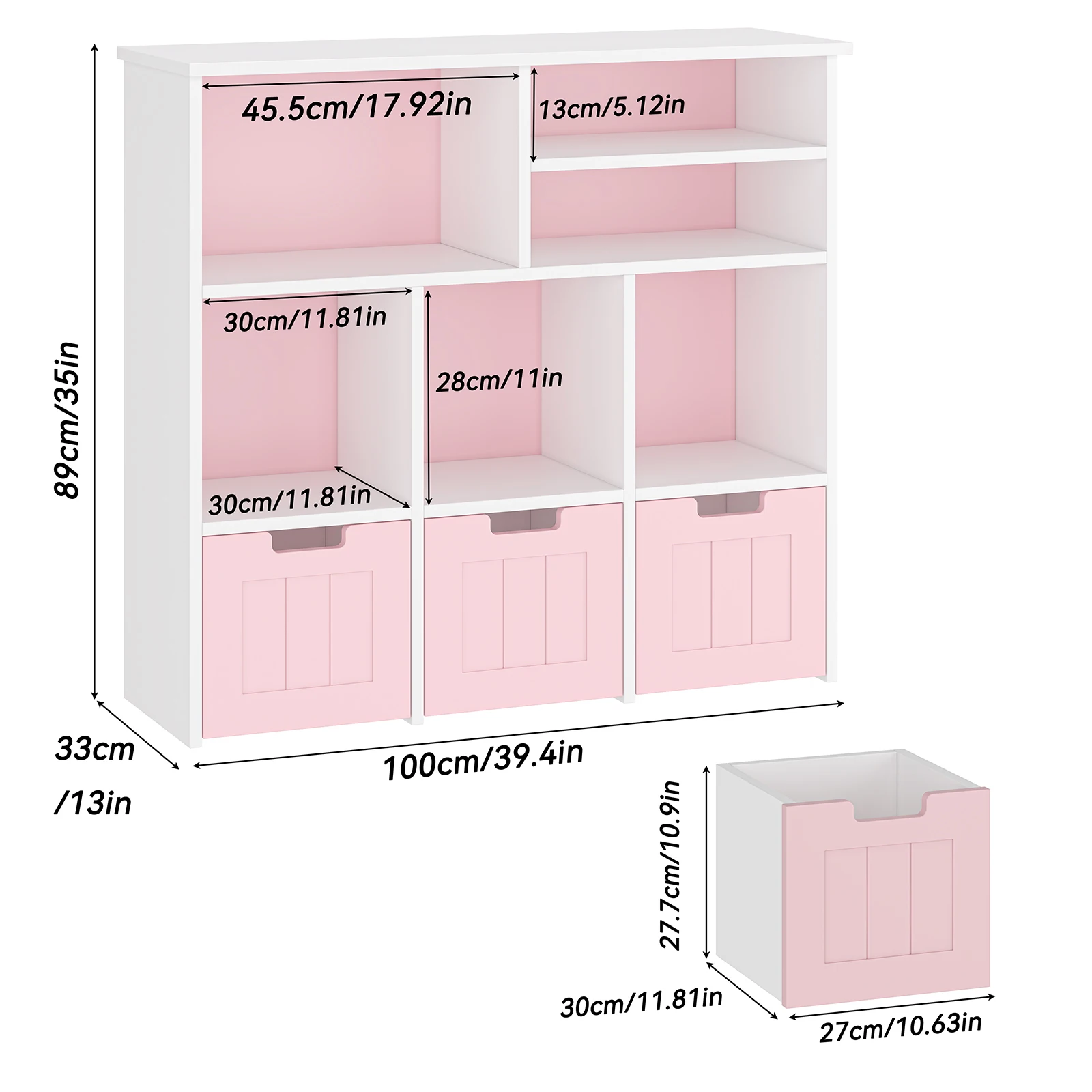 Modern Kids Bookshelf and Toy Storage Cabinet – 3 Movable Drawers – 6 Cubbies – Hidden Wheels for Easy Mobility – Organizer for Bedroom, Playroom, Nursery – Pink and White