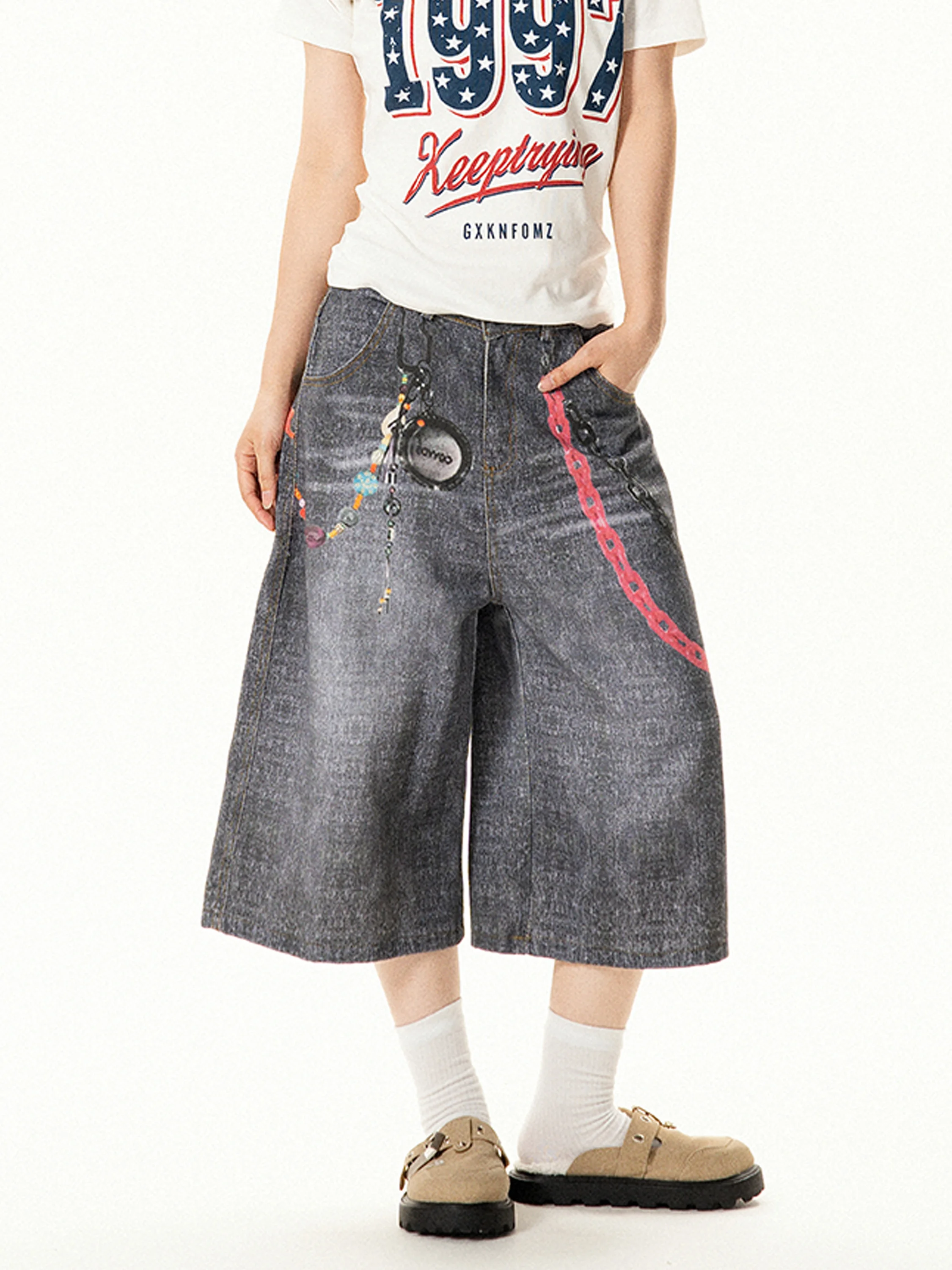 

Retro American Chain Print Denim orts Women's Summer Loose Wide Leg Seven-Foot Trendy Jeans Casual High Waist Trousers