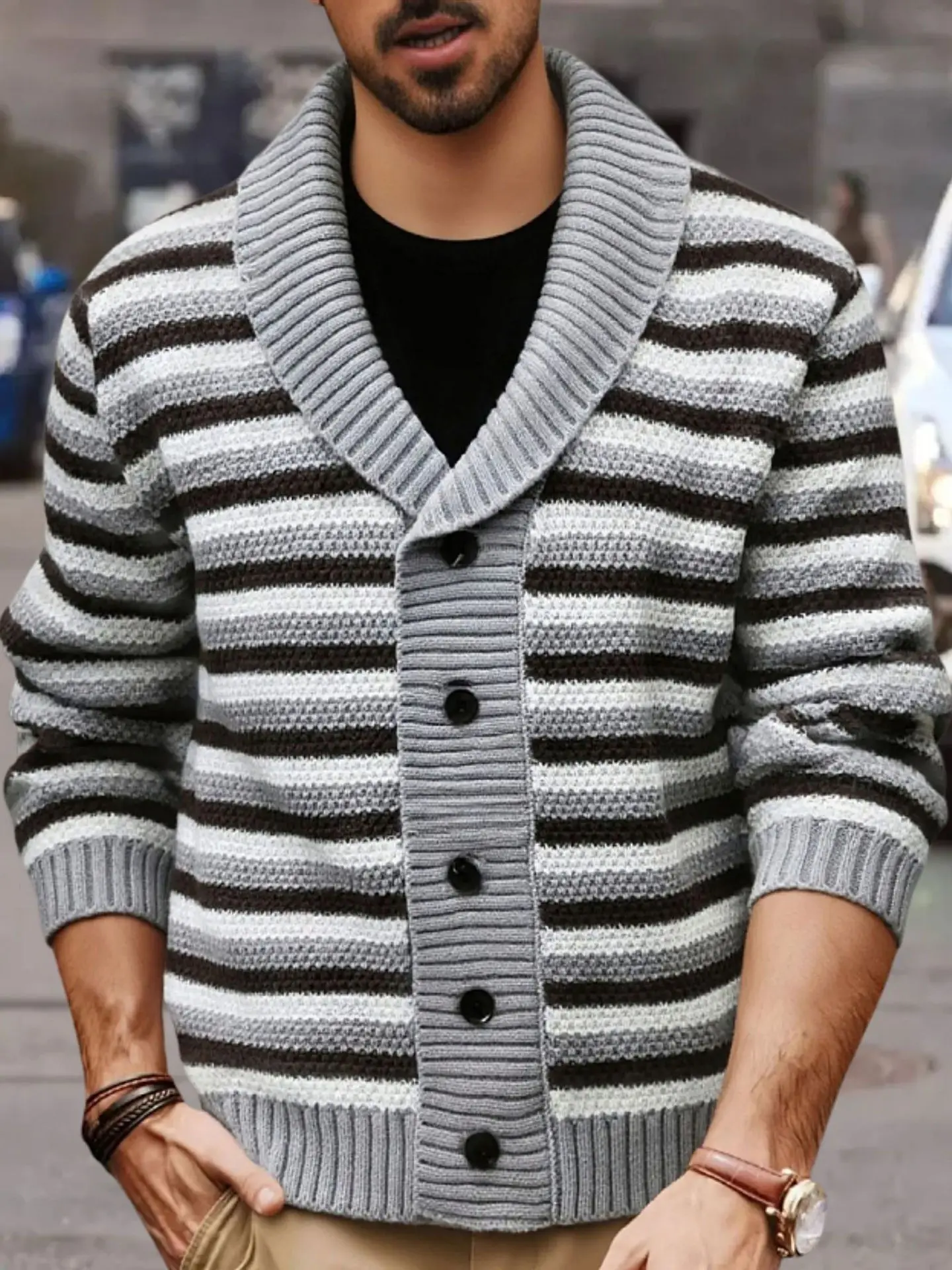 

Мужской утепленный вязаный свитер свободного кроя с полосатым узором, открытый кардиган, осенне-зимняя верхняя одежда, удобный, из полиэстера