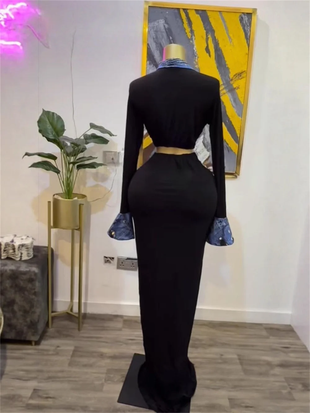 여성 섹시 긴팔 데님 패치워크 블랙 바디콘 맥시 드레스 생일 셀럽 고품질 파티 디자인 칵테일 드레스